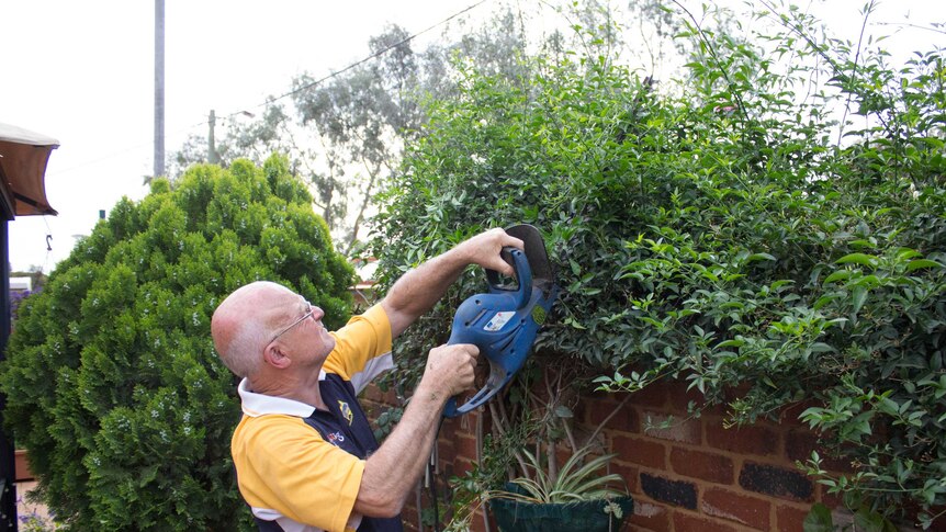 Goldfields Masonic Homes chairman Doug Daws trims the hedges at one of the resident's properties.