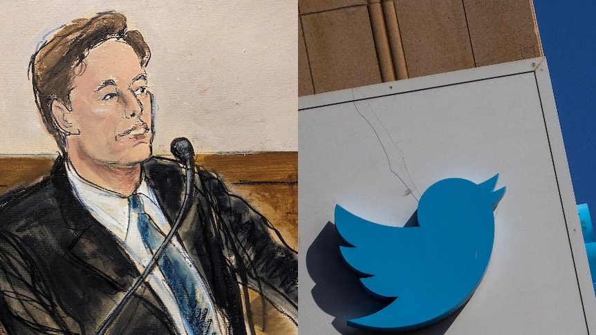 LEFT: Court sketch of Elon Musk testifying. RIGHT: Twitter logo on the side of a building. 