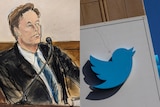 LEFT: Court sketch of Elon Musk testifying. RIGHT: Twitter logo on the side of a building. 