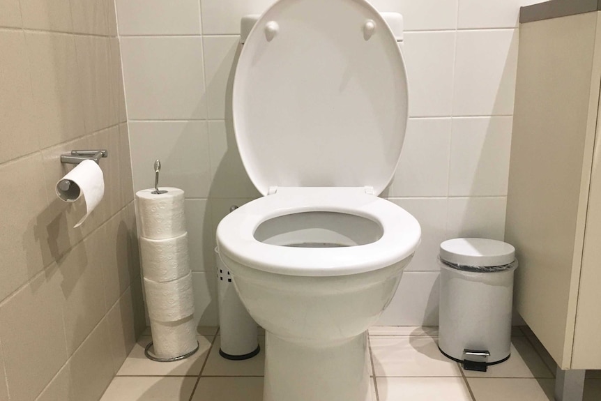 A toilet in a bathroom.