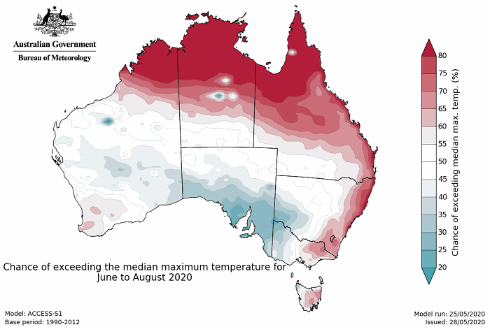 Map of Australia with red around the coast, indicating they are likely to exceed median conditions - but cool and blue in the SW