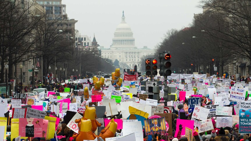 From a high point, a photograph shows throngs of protesters down Pennsylvania Av with the US Capitol building on the horizon.