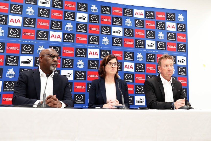 CEO Ben Amarfio, club president Dr Sonja Hood and David Noble face the media
