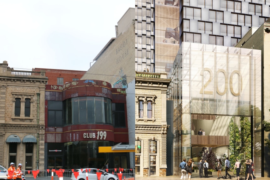 A building next to an artist's impression of its redevelopment.