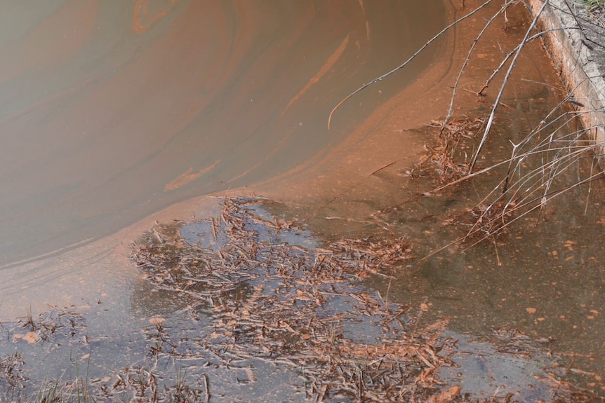 A pool of stagnant orange coloured water 