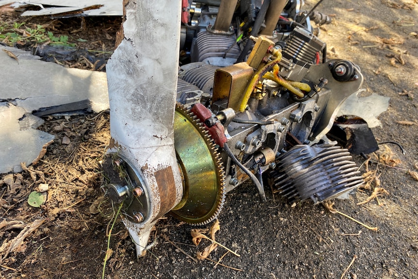 An engine of a destroyed unmanned aerial vehicle, showing a large propeller. 