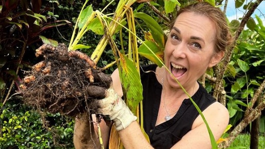 Jo Whitton in black shirt and gardening gloves holding a plant with soil and roots visible 