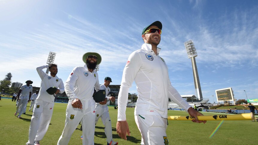 Faf du Plessis leads South Africa off the WACA after winning the first Test