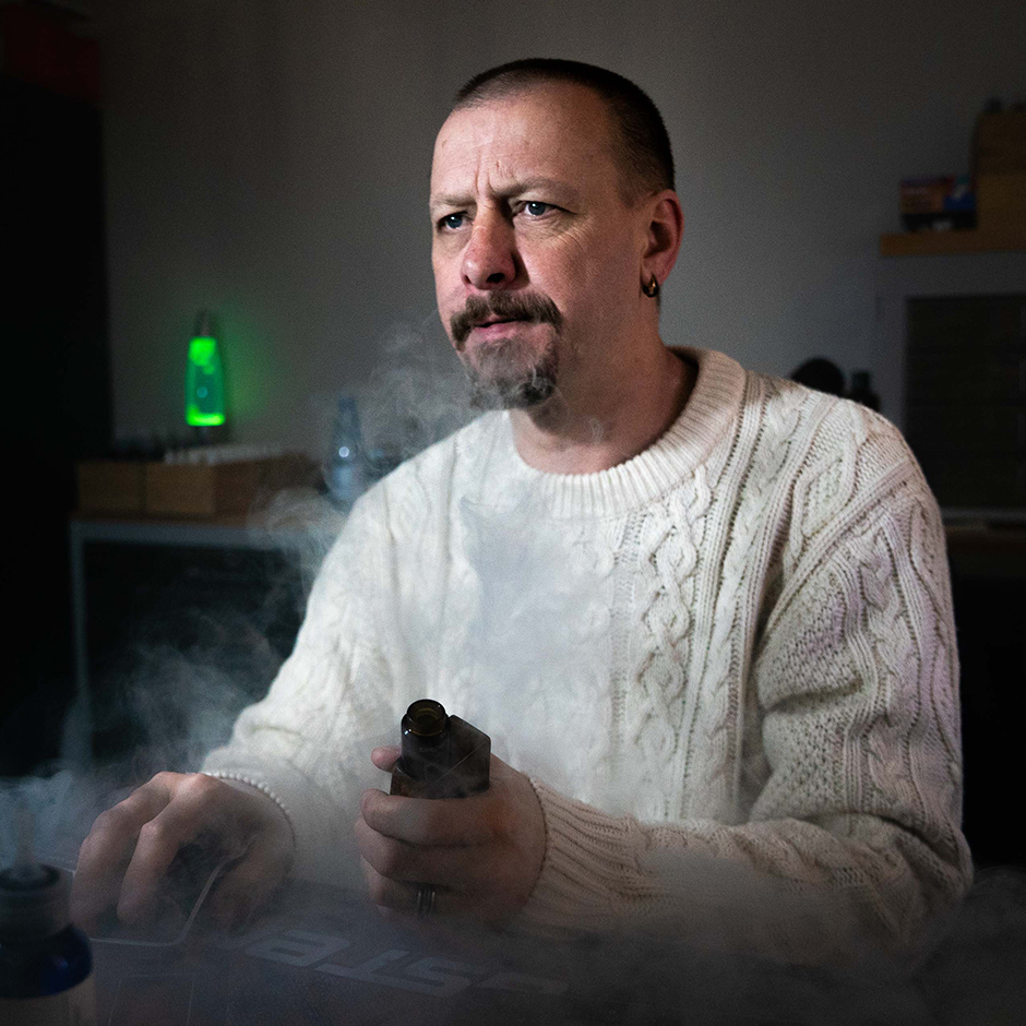 Vape juice mixologist Paul Blamire in his home office.