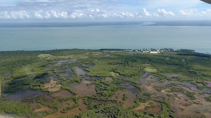 Aerial view of Boigu community surrounded by the ocean to the top, green vegetation and water holes below 