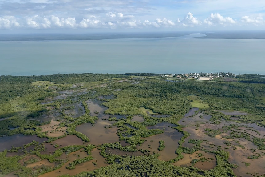 Aerial view of Boigu community surrounded by the ocean to the top, green vegetation and water holes below 