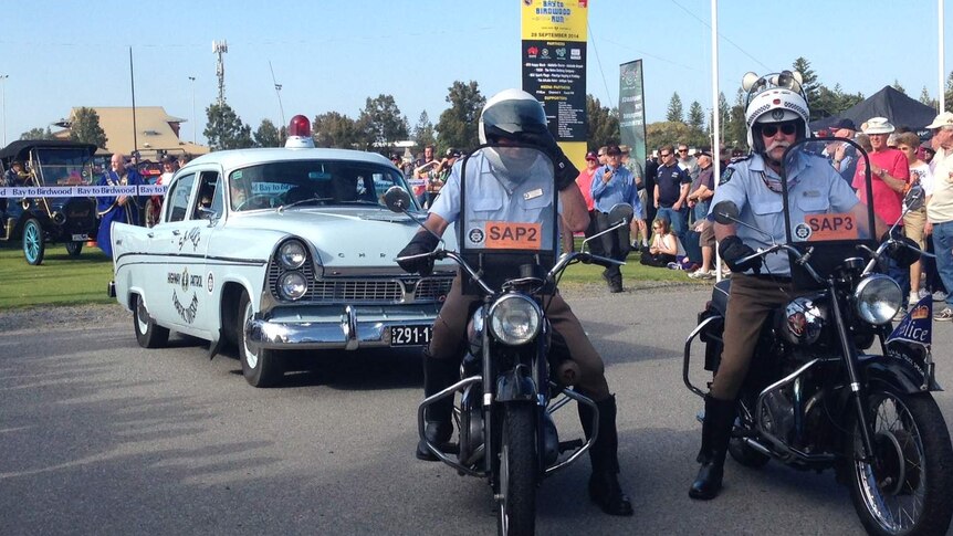 Vintage police motorbikes start the  Bay to Birdwood in South Australia