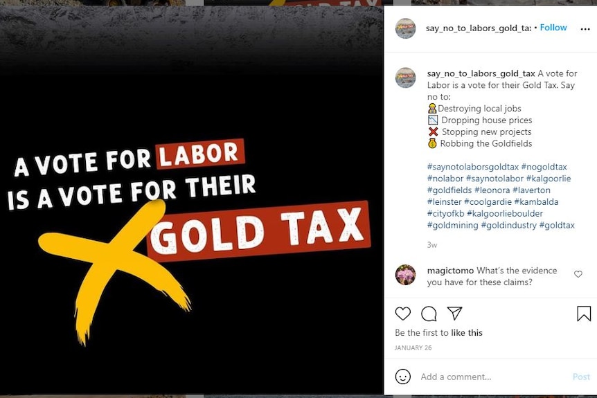 A social media post on Instagram with a message that reads "A vote for Labor is a vote for their gold tax".