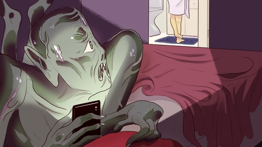 a green monster looking at a phone and looking worried while a girl is in the bathroom 