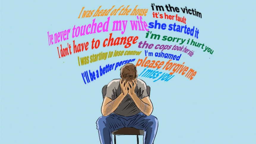 An illustration shows a man with his head in his hands surrounded by thoughts related to his domestic abuse.