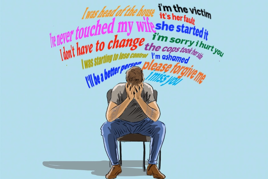 An illustration shows a man with his head in his hands surrounded by thoughts related to his domestic abuse.