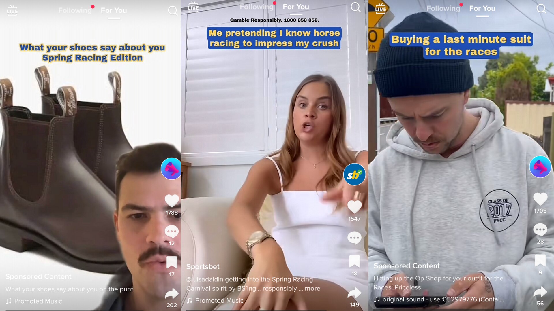 Three screenshots of Sportsbet advertising on TikTok featuring young men and women