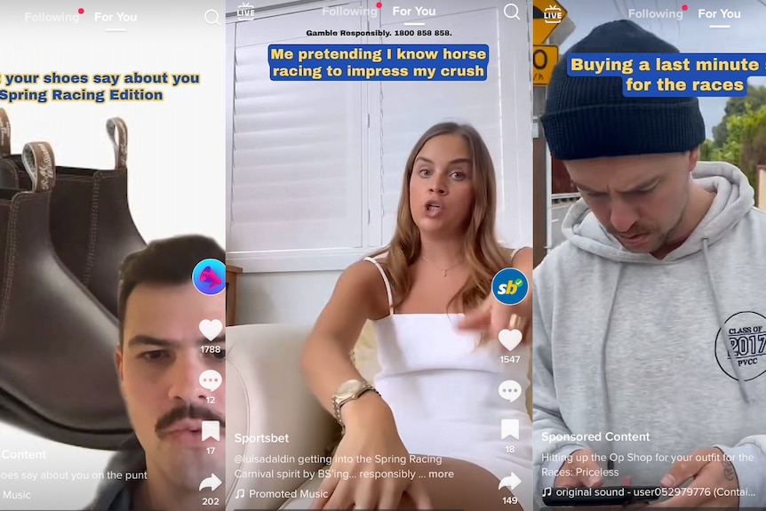 Three screenshots of Sportsbet advertising on TikTok featuring young men and women