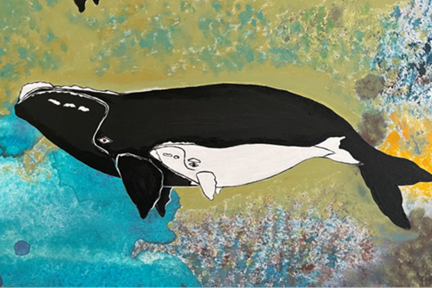 Painting of a large black mother southern right whale with a white calf nestled next to it, blue and green background
