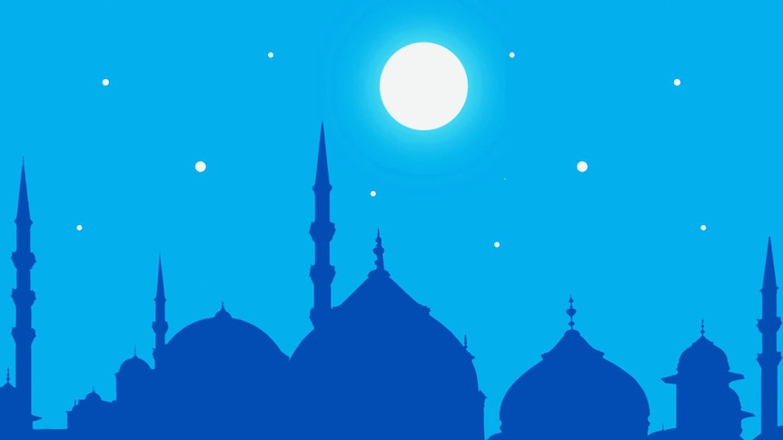 A graphic of a mosque silhouette against a light blue background with moon and stars.