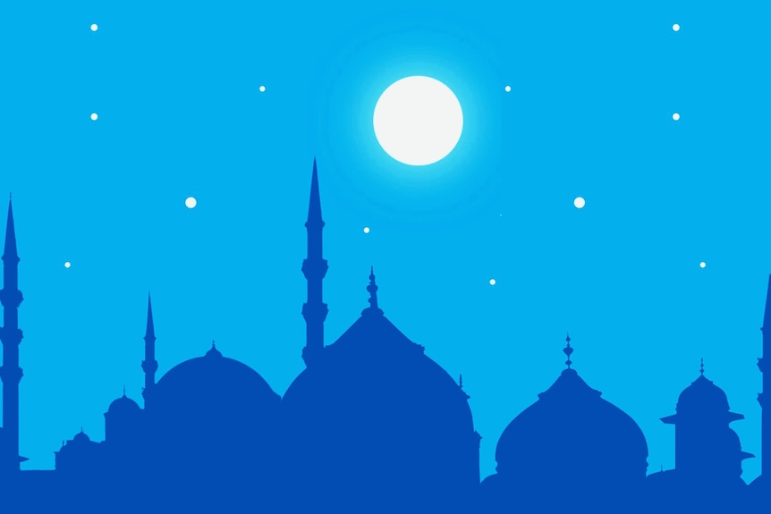 A graphic of a mosque silhouette against a light blue background with moon and stars.