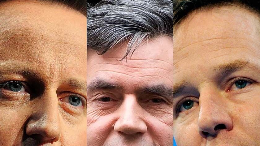 LtoR David Cameron, Gordon Brown and Nick Clegg