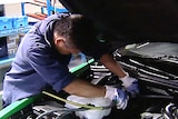 Man works on a car motor