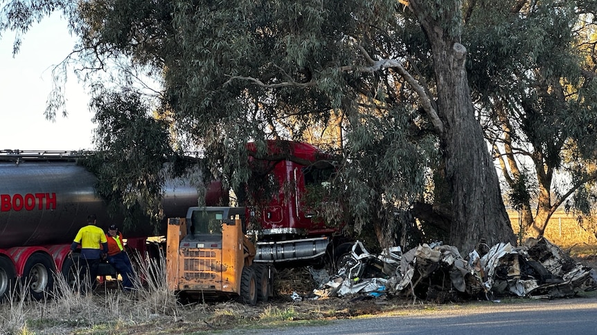 The mangled wreckage of a car which has been damaged beyond recognition against a tree, with a large truck behind it.