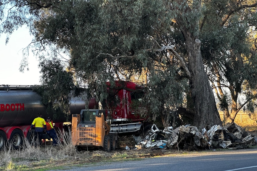 The mangled wreckage of a car which has been damaged beyond recognition against a tree, with a large truck behind it.