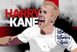A graphic of Harry Kane over the English flag.