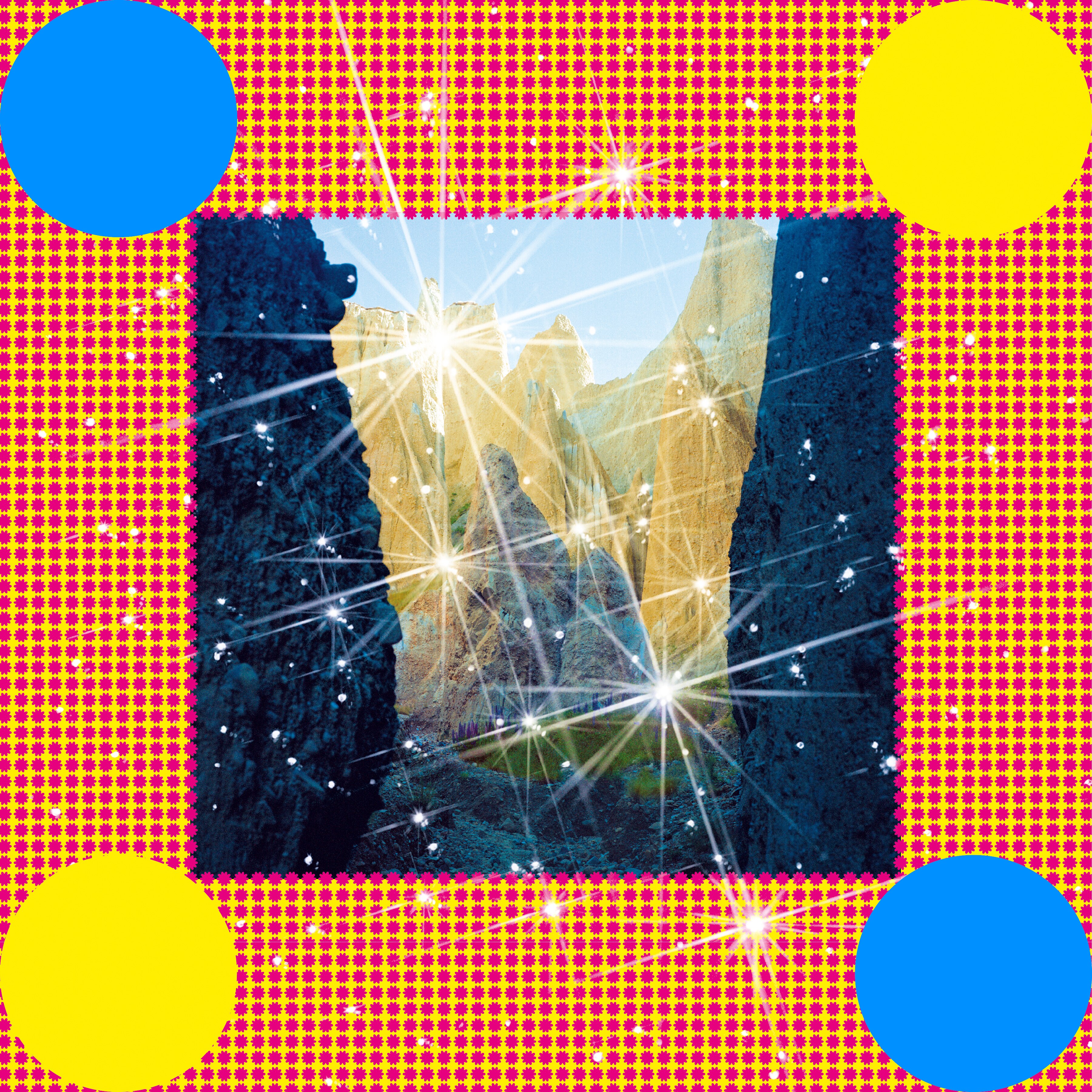 collage of bright coloured dots framing a photo of a rocky canyon with sparkles overlaid at its various craggy points