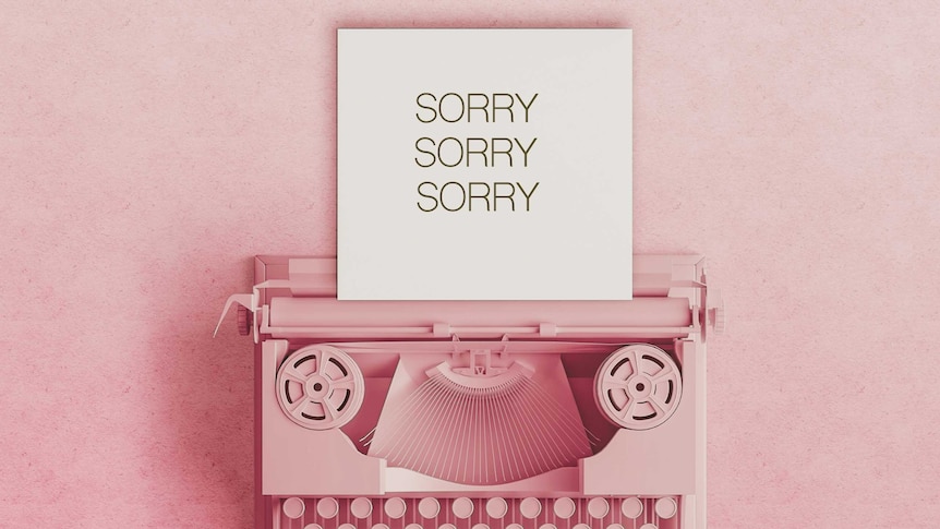 Stylised image of a pink typewriter with paper in it that says 'SORRY SORRY SORRY'