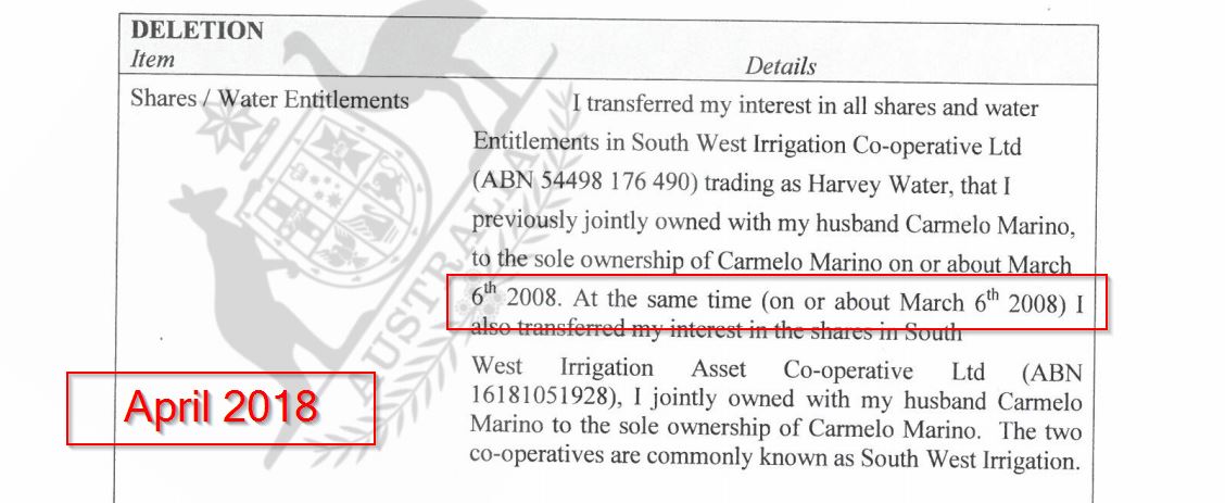 Screenshot of Nola Marino's register showing she declared she transferred all her shares in South West Irrigation in 2008.