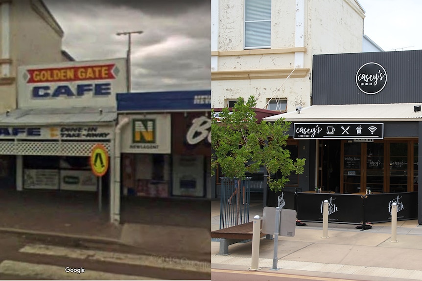 A before and after of the Longreach main street, pictured is the 2008 Golden Gate café and Casey’s, the current café.
