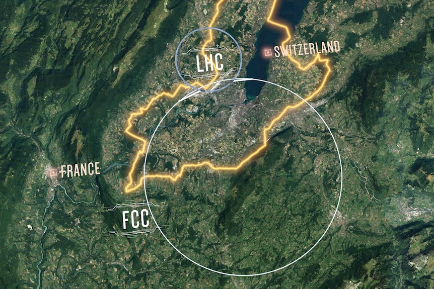 A concept image shows a map of the 100-kilometre Future Circular Collider imposed on Geneva.