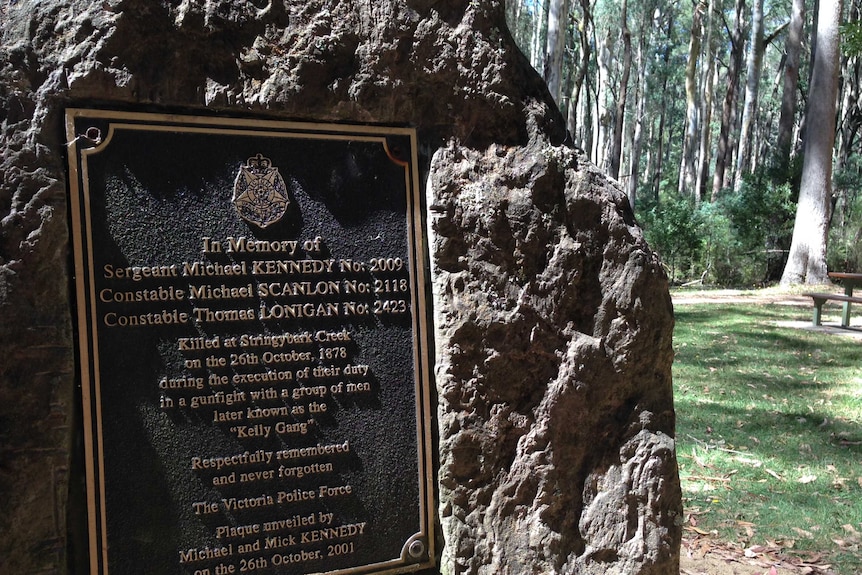 A stone in at the Stringybark Creek Reserve bears a plaque that lists the names of the police officers killed at the site