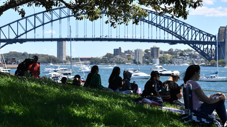 In the foreground, people sit on the grassy embankment overlooking the water and the Sydney Harbour Bridge.