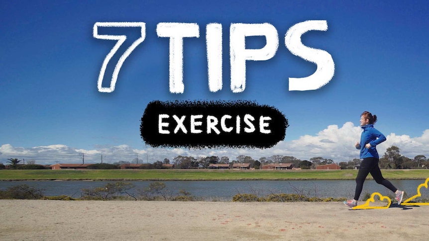 A Melbourne woman running on a path with the words 7 Tips Exercise, she exercises daily