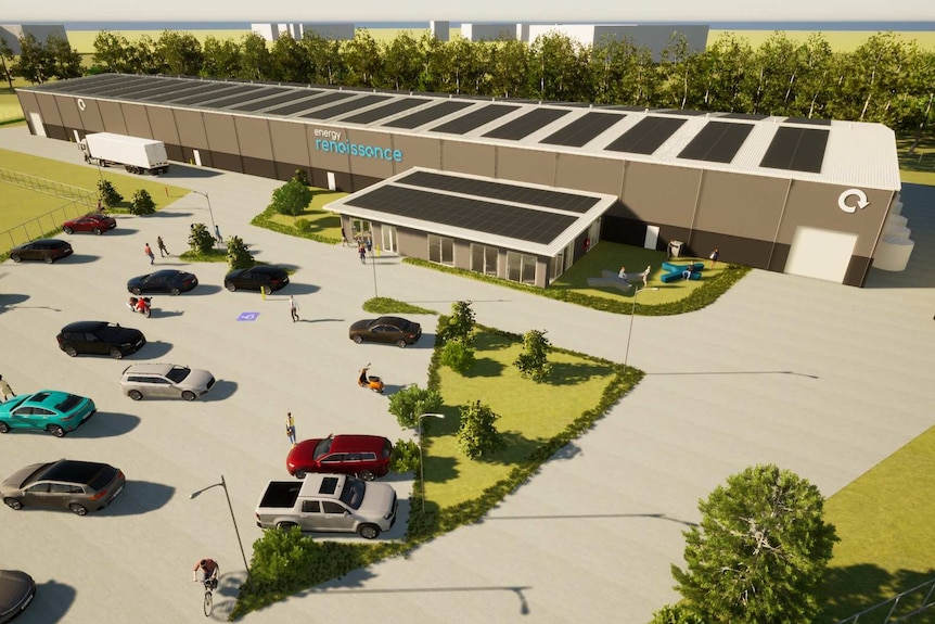 An artist's impression of a factory with a large carpark, topped with solar panels.
