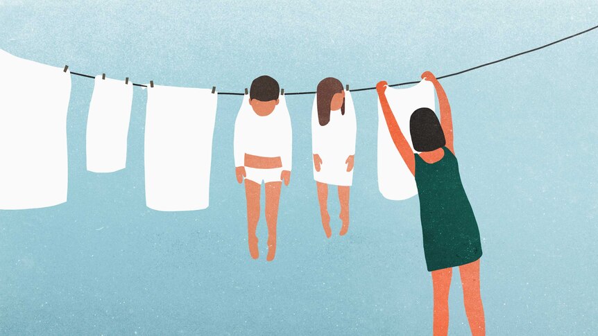 Stylised image of woman hanging clothes on the washing line, including two children.