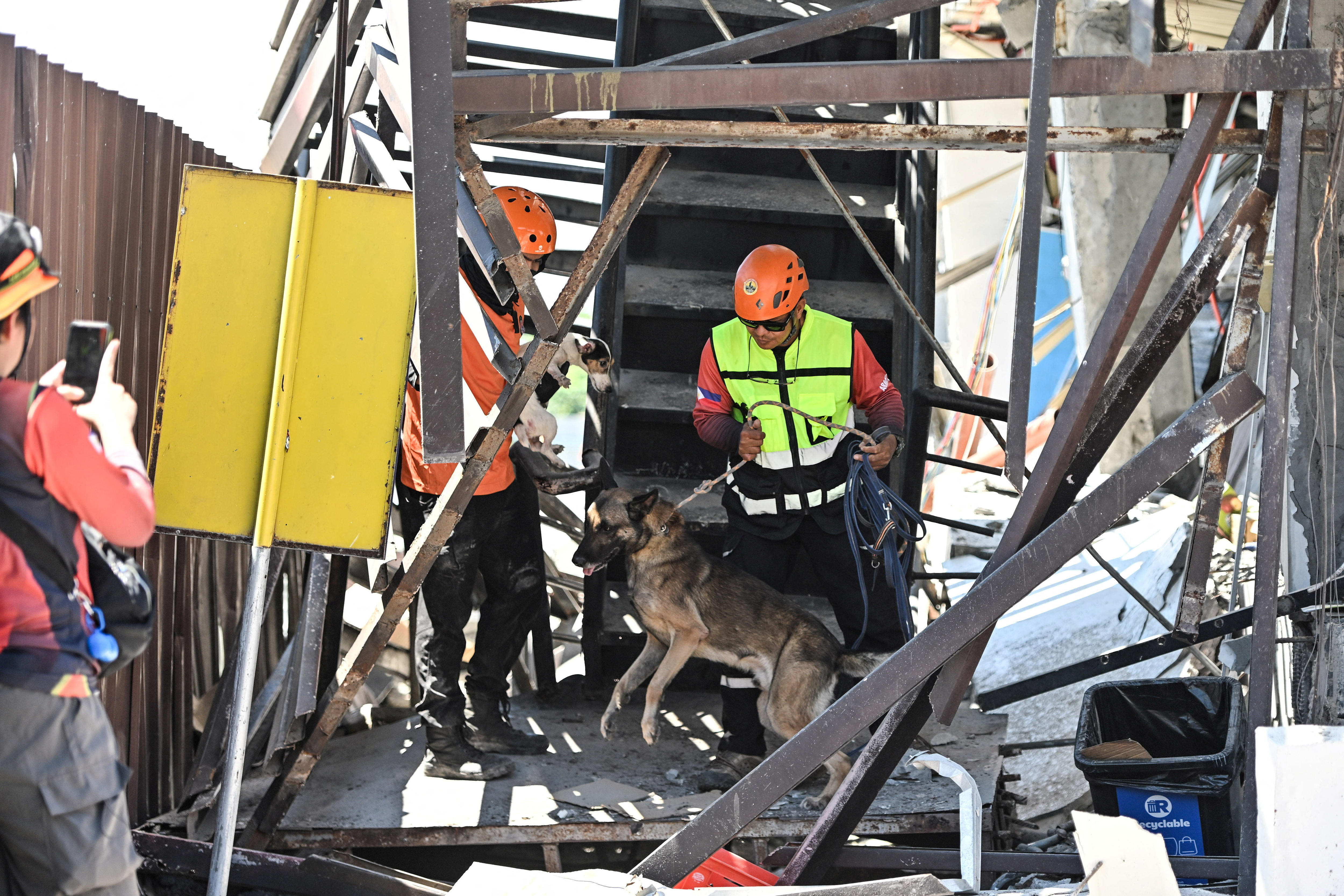 Rescue workers and a dog among the remains of a collapsed structure.