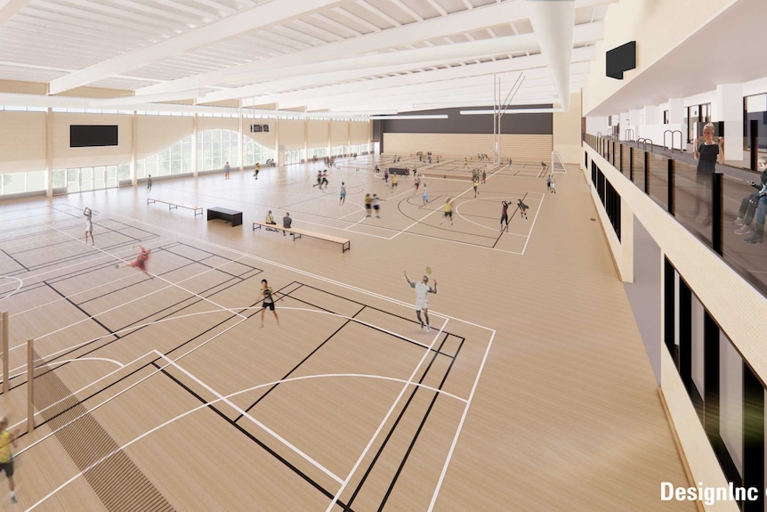 A composite image of a conceptual design, featuring tennis players on indoor courts and people sitting on an internal balcony