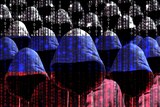Group of hooded figures with hidden faces against a background of white, blue and red ones and zeroes