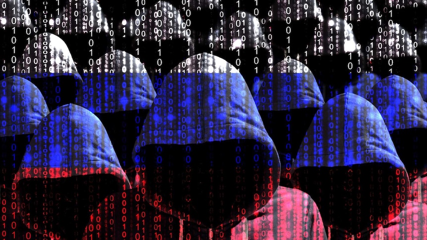 Group of hooded figures with hidden faces against a background of white, blue and red ones and zeroes