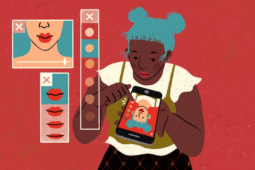 Illustration of young woman of colour scrolling through the features of a 'whitening' filter on her smart phone.