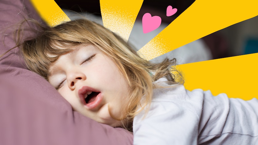 Preschooler sleeping with mouth open. Graphic of sunrays behind her