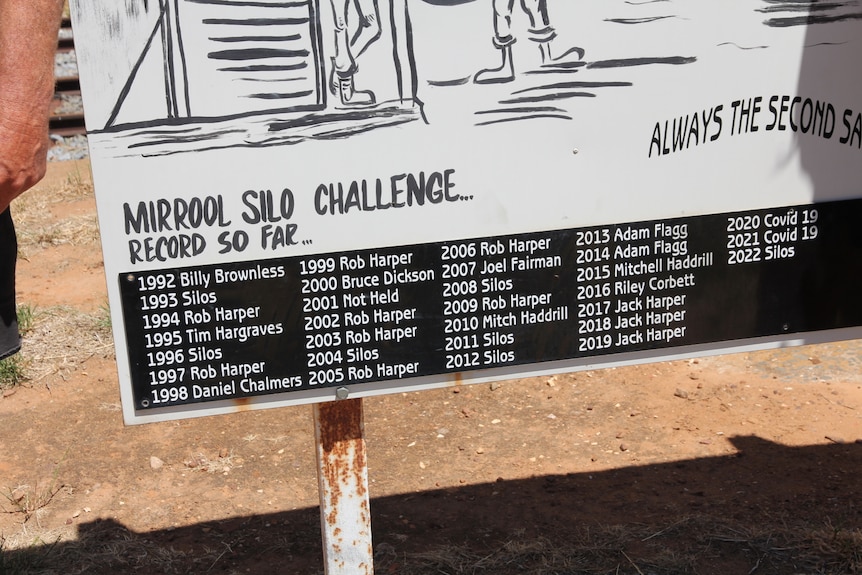 A sign with the name of all of the winners of the Mirrool Silo Kick