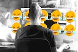 A black and white image of a man sitting at a computer. In front of him float several 3D laughing-crying emoji.