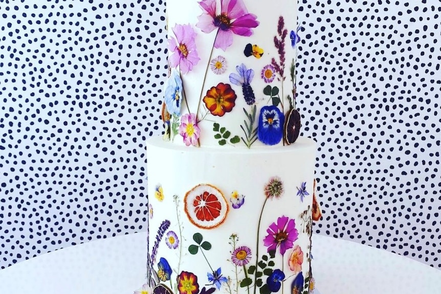 Two tier white frosted cake against a speckled background and decorated with colorful fresh pressed flowers and dried citrus