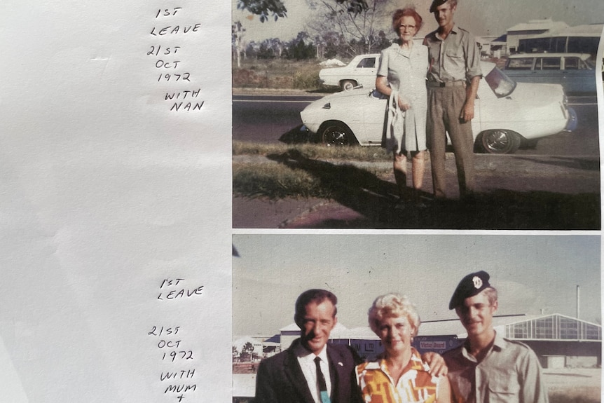 Old photos of a soldier visiting family 